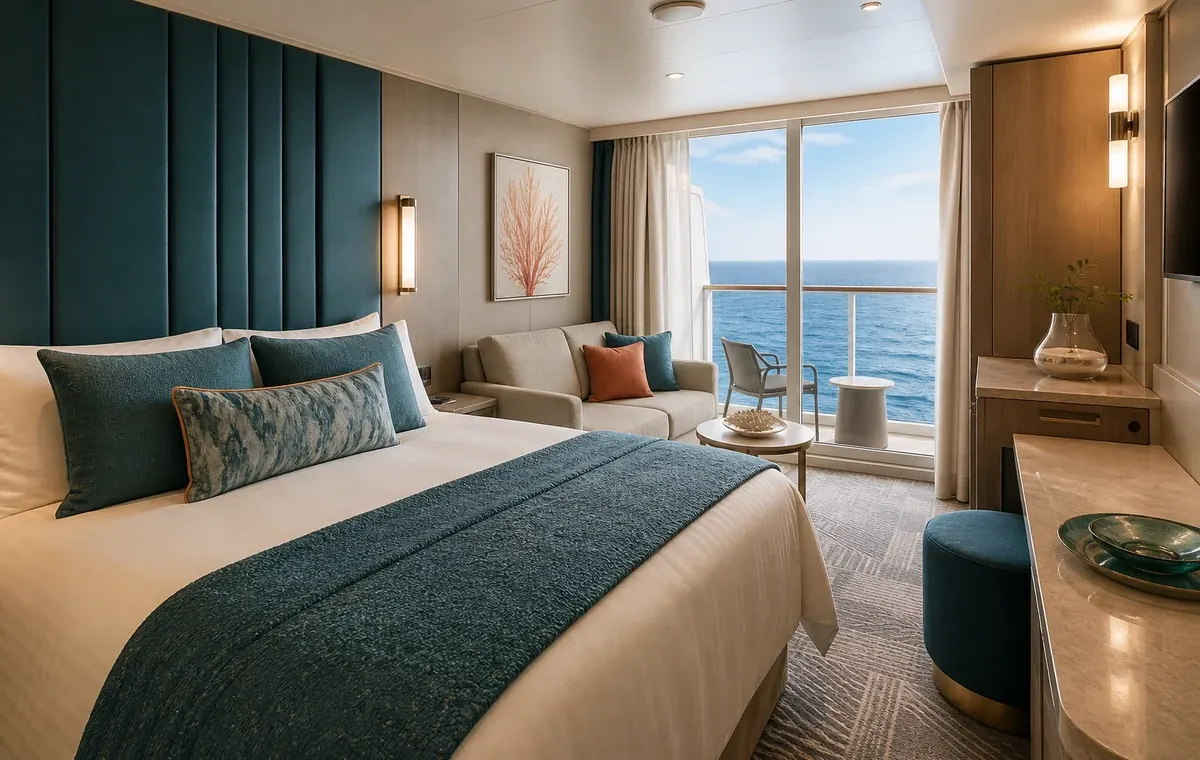 a contemporary Norwegian Prima balcony stateroom