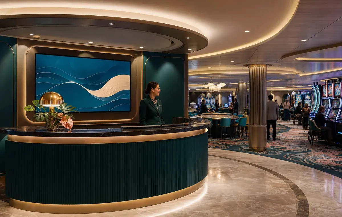 a Casinos At Sea information desk and gaming floor on an NCL ship