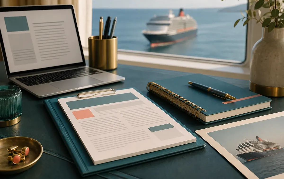 an independent information disclaimer beside a cruise planning notebook