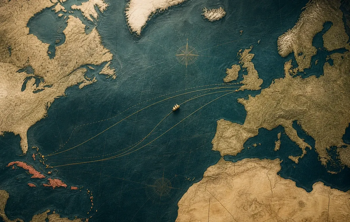 a route map linking Northern Europe and Caribbean destination regions